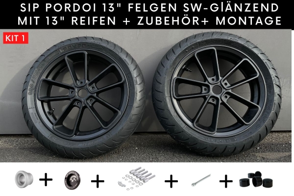 SIP PORDOI 13" Felgen KIT schwarz glänzend mit Michelin City Grip 2 Reifen